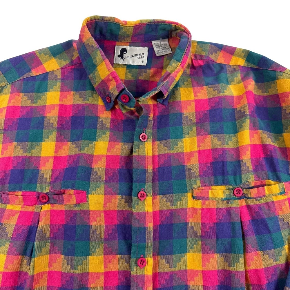 Vintage International Male Shirt Mens Small Multicolor Plaid Long Sleeve 90s